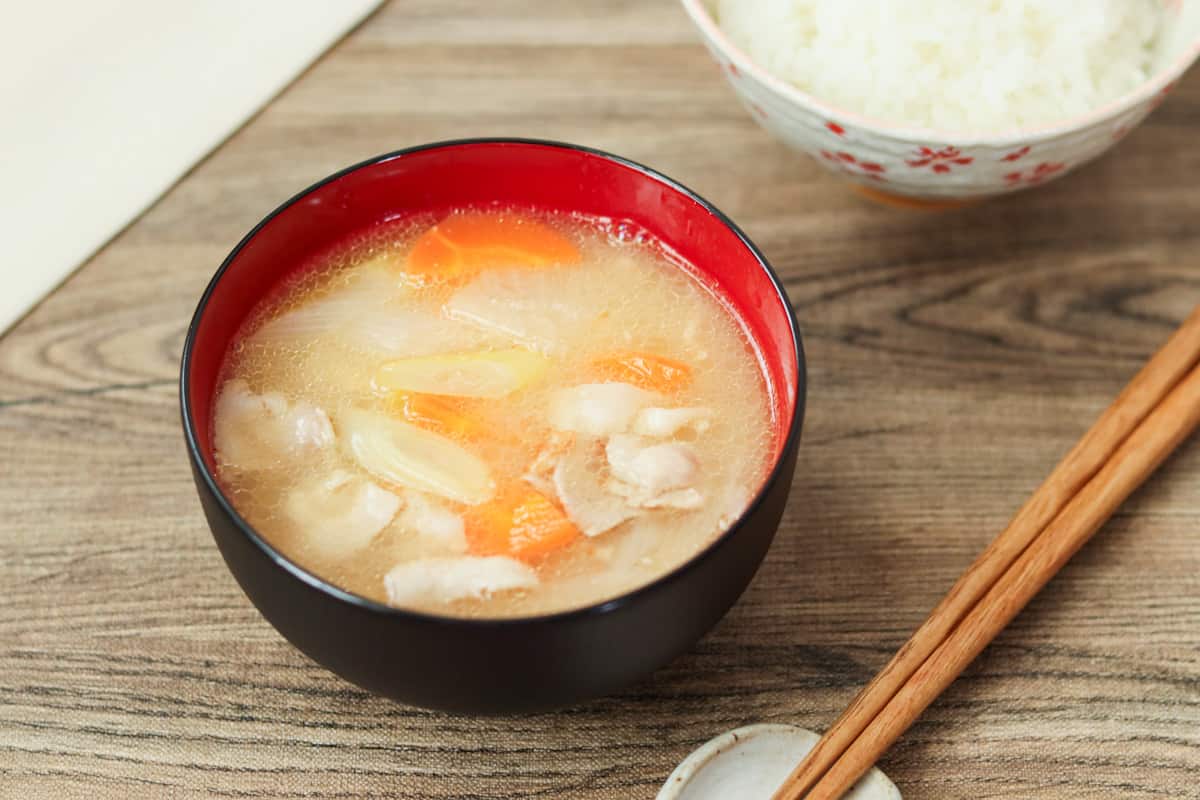 Tonjiru (flavorful miso soup with pork and vegetables)
