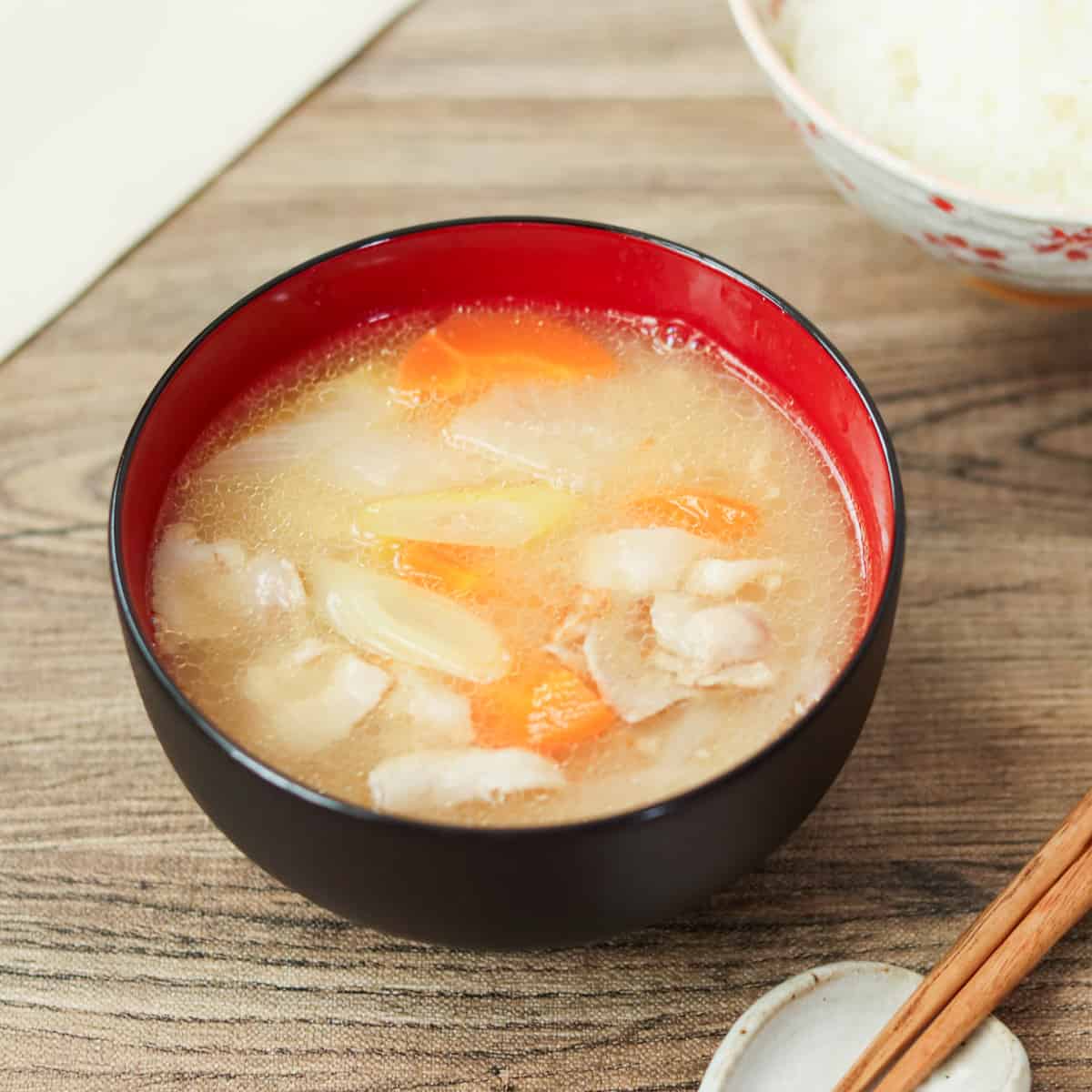 Tonjiru (flavorful miso soup with pork and vegetables)