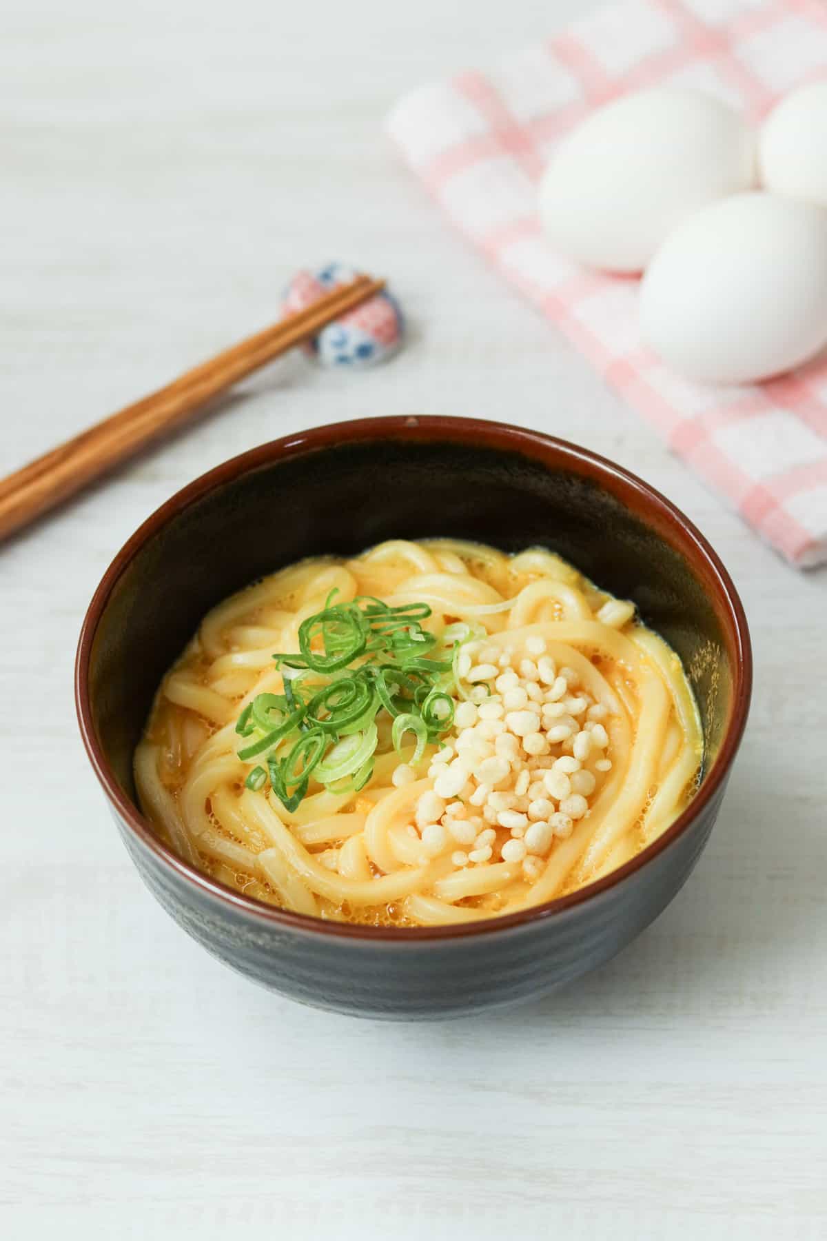 Kamatama Udon (udon noodles tossed with egg and dashi soy sauce)